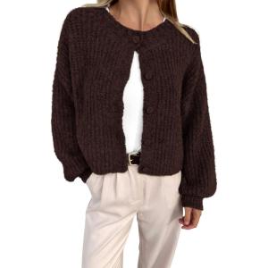 imageBTFBM Womens Chunky Knit Fall Cardigan 2025 Winter Long Sleeve Button Down Soft Loose Cropped Sweater OuterwearCoffee