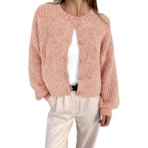 imageBTFBM Womens Chunky Knit Fall Cardigan 2025 Winter Long Sleeve Button Down Soft Loose Cropped Sweater OuterwearLight Pink