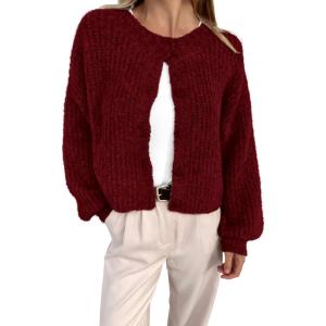imageBTFBM Womens Chunky Knit Fall Cardigan 2025 Winter Long Sleeve Button Down Soft Loose Cropped Sweater OuterwearWine Red