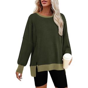 imageBTFBM Womens Oversized Sweatshirts Casual Long Sleeve Crewneck Side Slit Knit Tops 2024 Fall Loose Pullover SweatshirtArmy Green