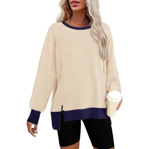 imageBTFBM Womens Oversized Sweatshirts Casual Long Sleeve Crewneck Side Slit Knit Tops 2024 Fall Loose Pullover SweatshirtBeige