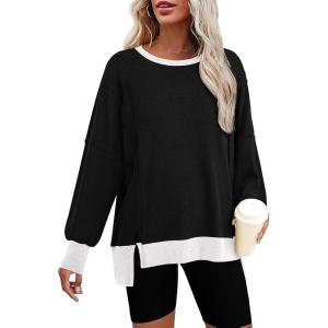 imageBTFBM Womens Oversized Sweatshirts Casual Long Sleeve Crewneck Side Slit Knit Tops 2024 Fall Loose Pullover SweatshirtBlack
