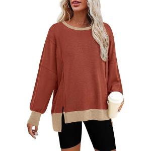 imageBTFBM Womens Oversized Sweatshirts Casual Long Sleeve Crewneck Side Slit Knit Tops 2024 Fall Loose Pullover SweatshirtBrick Red