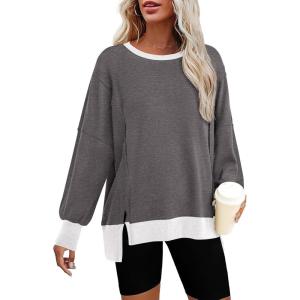 imageBTFBM Womens Oversized Sweatshirts Casual Long Sleeve Crewneck Side Slit Knit Tops 2024 Fall Loose Pullover SweatshirtGrey