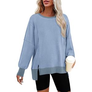 imageBTFBM Womens Oversized Sweatshirts Casual Long Sleeve Crewneck Side Slit Knit Tops 2024 Fall Loose Pullover SweatshirtLight Blue