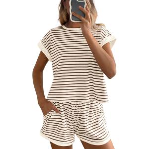 imageBTFBM Womens Striped Knit Sets 2 Piece Outfits 2025 Summer Short Sleeve Tops Elastic Waist Shorts Lounge Sets PocketsBeige Brown
