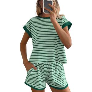 imageBTFBM Womens Striped Knit Sets 2 Piece Outfits 2025 Summer Short Sleeve Tops Elastic Waist Shorts Lounge Sets PocketsLight Green
