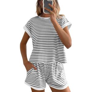 imageBTFBM Womens Striped Knit Sets 2 Piece Outfits 2025 Summer Short Sleeve Tops Elastic Waist Shorts Lounge Sets PocketsWhite Black