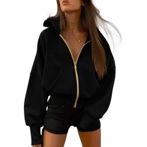 imageBTFBM Womens Zip Up Hoodies Long Sleeve Fashion Sweatshirt Fleece Y2K Hooded Jacket 2025 Trendy Fall Winter ClothesBlack