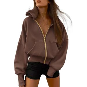 imageBTFBM Womens Zip Up Hoodies Long Sleeve Fashion Sweatshirt Fleece Y2K Hooded Jacket 2025 Trendy Fall Winter ClothesDark Coffee