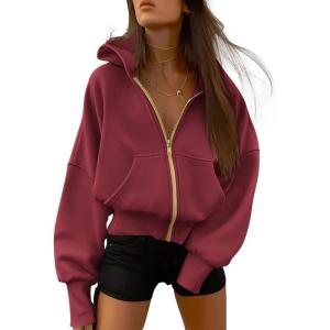 imageBTFBM Womens Zip Up Hoodies Long Sleeve Fashion Sweatshirt Fleece Y2K Hooded Jacket 2025 Trendy Fall Winter ClothesWine Red