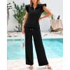 imageBTFBM Women Summer 2 Piece Sets Airport Outfits Ruffle Cap Sleeve Quarter Zip Top Wide Leg Pants Lounge Set TracksuitsBlack