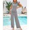imageBTFBM Women Summer 2 Piece Sets Airport Outfits Ruffle Cap Sleeve Quarter Zip Top Wide Leg Pants Lounge Set TracksuitsGrey