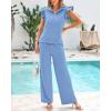 imageBTFBM Women Summer 2 Piece Sets Airport Outfits Ruffle Cap Sleeve Quarter Zip Top Wide Leg Pants Lounge Set TracksuitsLight Blue