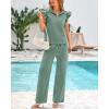 imageBTFBM Women Summer 2 Piece Sets Airport Outfits Ruffle Cap Sleeve Quarter Zip Top Wide Leg Pants Lounge Set TracksuitsLight Green