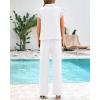 imageBTFBM Women Summer 2 Piece Sets Airport Outfits Ruffle Cap Sleeve Quarter Zip Top Wide Leg Pants Lounge Set TracksuitsWhite