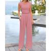 imageBTFBM Womens 2 Piece Outfits 2025 Summer V Neck Cap Sleeve Ruched Top and Wide Leg Pants Rib Knit Lounge Matching SetsDusty Pink