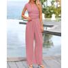 imageBTFBM Womens 2 Piece Outfits 2025 Summer V Neck Cap Sleeve Ruched Top and Wide Leg Pants Rib Knit Lounge Matching SetsDusty Pink