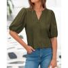 imageBTFBM Womens Lace Puff Sleeve Tops 2025 Summer V Neck Casual Button Down Shirts Loose Dressy Work Business Blouse TopArmy Green