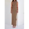 imageBTFBM Womens Two Piece Outfits Summer Lightweight 2025 Mock Neck Sleeveless Knit Tops Maxi Skirt Set Going Out DressKhaki