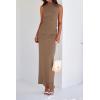 imageBTFBM Womens Two Piece Outfits Summer Lightweight 2025 Mock Neck Sleeveless Knit Tops Maxi Skirt Set Going Out DressKhaki