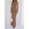 imageBTFBM Womens Two Piece Outfits Summer Lightweight 2025 Mock Neck Sleeveless Knit Tops Maxi Skirt Set Going Out DressKhaki
