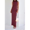 imageBTFBM Womens Two Piece Outfits Summer Lightweight 2025 Mock Neck Sleeveless Knit Tops Maxi Skirt Set Going Out DressWine Red