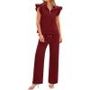 imageBTFBM Women Summer 2 Piece Sets Airport Outfits Ruffle Cap Sleeve Quarter Zip Top Wide Leg Pants Lounge Set TracksuitsRed