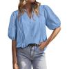 imageBTFBM Womens Lace Puff Sleeve Tops 2025 Summer V Neck Casual Button Down Shirts Loose Dressy Work Business Blouse TopLight Blue