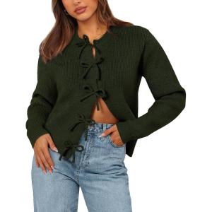 imageBTFBM Cardigan Sweaters for Women Trendy 2025 Fall Open Front Long Sleeve Button Down Bow Knot Cropped Lady JacketArmy Green