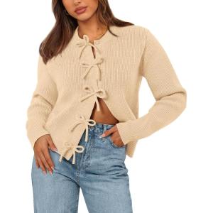 imageBTFBM Cardigan Sweaters for Women Trendy 2025 Fall Open Front Long Sleeve Button Down Bow Knot Cropped Lady JacketBeige
