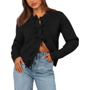 imageBTFBM Cardigan Sweaters for Women Trendy 2025 Fall Open Front Long Sleeve Button Down Bow Knot Cropped Lady JacketBlack