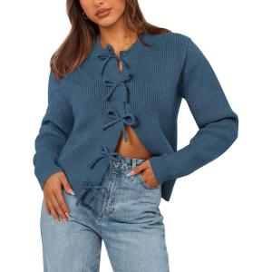 imageBTFBM Cardigan Sweaters for Women Trendy 2025 Fall Open Front Long Sleeve Button Down Bow Knot Cropped Lady JacketBlue