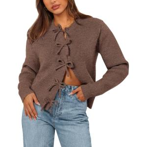 imageBTFBM Cardigan Sweaters for Women Trendy 2025 Fall Open Front Long Sleeve Button Down Bow Knot Cropped Lady JacketBrown