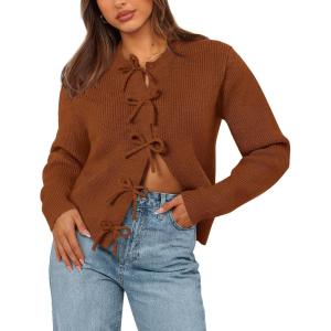 imageBTFBM Cardigan Sweaters for Women Trendy 2025 Fall Open Front Long Sleeve Button Down Bow Knot Cropped Lady JacketCaramel