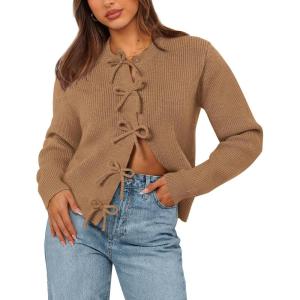 imageBTFBM Cardigan Sweaters for Women Trendy 2025 Fall Open Front Long Sleeve Button Down Bow Knot Cropped Lady JacketKhaki