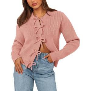 imageBTFBM Cardigan Sweaters for Women Trendy 2025 Fall Open Front Long Sleeve Button Down Bow Knot Cropped Lady JacketPink