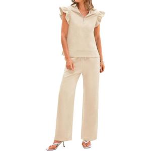 imageBTFBM Women Summer 2 Piece Sets Airport Outfits Ruffle Cap Sleeve Quarter Zip Top Wide Leg Pants Lounge Set TracksuitsApricot