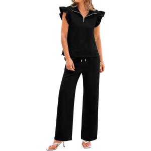 imageBTFBM Women Summer 2 Piece Sets Airport Outfits Ruffle Cap Sleeve Quarter Zip Top Wide Leg Pants Lounge Set TracksuitsBlack