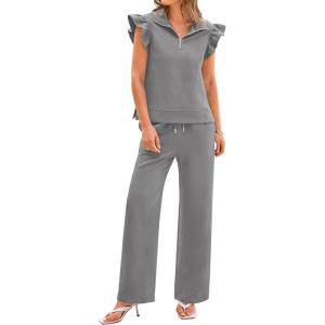 imageBTFBM Women Summer 2 Piece Sets Airport Outfits Ruffle Cap Sleeve Quarter Zip Top Wide Leg Pants Lounge Set TracksuitsGrey