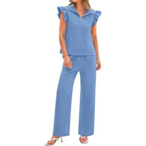 imageBTFBM Women Summer 2 Piece Sets Airport Outfits Ruffle Cap Sleeve Quarter Zip Top Wide Leg Pants Lounge Set TracksuitsLight Blue
