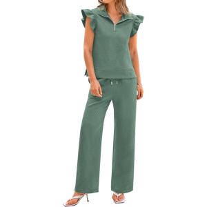 imageBTFBM Women Summer 2 Piece Sets Airport Outfits Ruffle Cap Sleeve Quarter Zip Top Wide Leg Pants Lounge Set TracksuitsLight Green