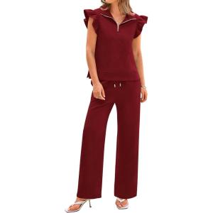 imageBTFBM Women Summer 2 Piece Sets Airport Outfits Ruffle Cap Sleeve Quarter Zip Top Wide Leg Pants Lounge Set TracksuitsRed