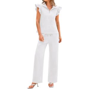 imageBTFBM Women Summer 2 Piece Sets Airport Outfits Ruffle Cap Sleeve Quarter Zip Top Wide Leg Pants Lounge Set TracksuitsWhite