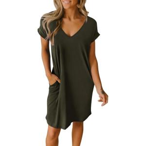imageBTFBM Women V Neck Short Sleeve Summer Dresses Beach 2025 Spring Casual Loose Tunic Short TShirt Dress Pajamas PocketsArmy Green