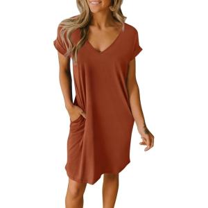 imageBTFBM Women V Neck Short Sleeve Summer Dresses Beach 2025 Spring Casual Loose Tunic Short TShirt Dress Pajamas PocketsBrick Red