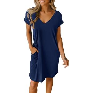 imageBTFBM Women V Neck Short Sleeve Summer Dresses Beach 2025 Spring Casual Loose Tunic Short TShirt Dress Pajamas PocketsDark Blue