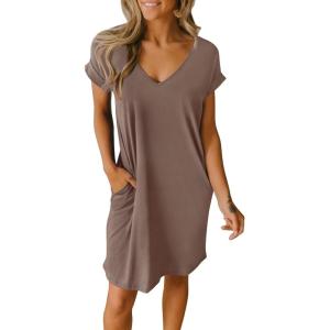 imageBTFBM Women V Neck Short Sleeve Summer Dresses Beach 2025 Spring Casual Loose Tunic Short TShirt Dress Pajamas PocketsDark Khaki