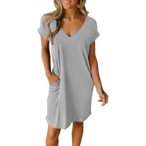 imageBTFBM Women V Neck Short Sleeve Summer Dresses Beach 2025 Spring Casual Loose Tunic Short TShirt Dress Pajamas PocketsGrey