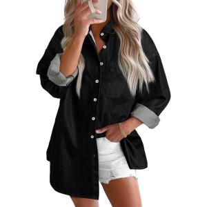 imageBTFBM Womens Button Down Denim Shirts Fall Lapel V Neck Lightweight Oversized Long Sleeve Thin Casual Blouse Tops PocketSolid Black